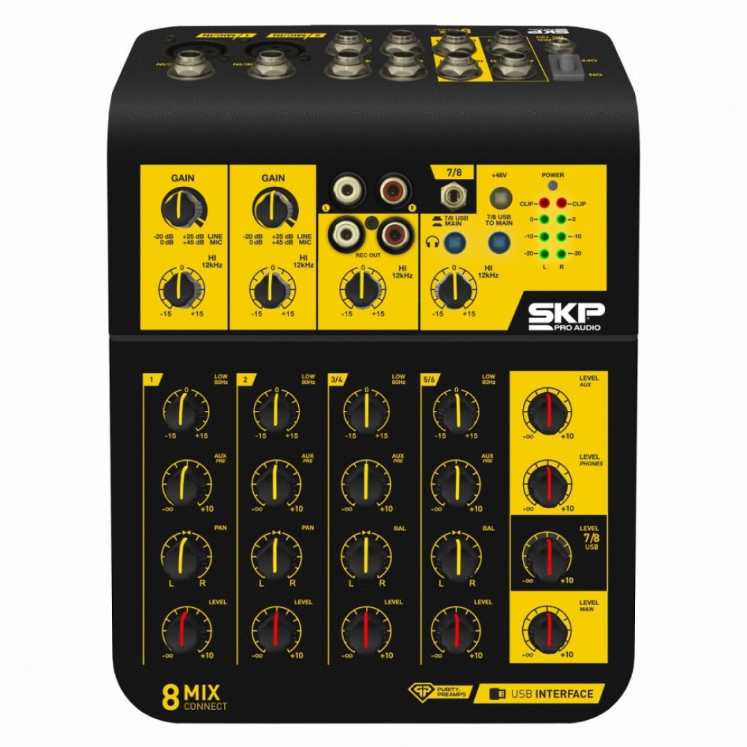 skp-mix-connect-8-consola-de-audio--6-canales--2-preamp-interfaz-usb--48v--eq-aux--pan--soporte-incluido