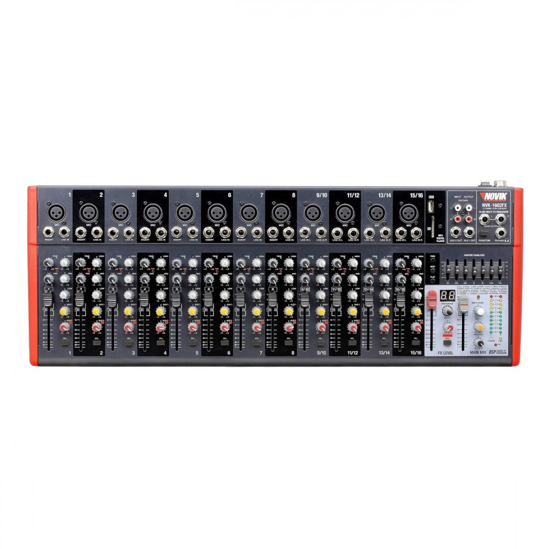 novik-nvk-1602fx-bt-consola-mezcladora--16-canales--12-xlr--bluetooth--4-canales-estereo--faders-60mm--pfl--99-efectos-24bits--eq-grafico-7-bandas--mp3--phantom-power-3599