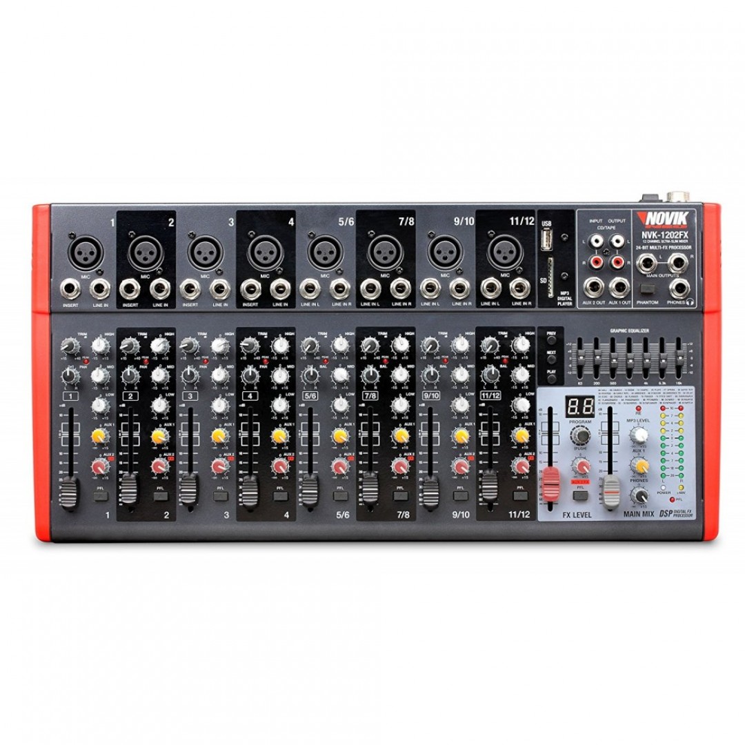 novik-nvk-1202fx-bt-consola-mezcladora--12-canales--8-xlr--bluetooth--4-canales-estereo--faders-60mm--pfl--99-efectos-24bits--eq-grafico-7-bandas--mp3--phantom-power-3600