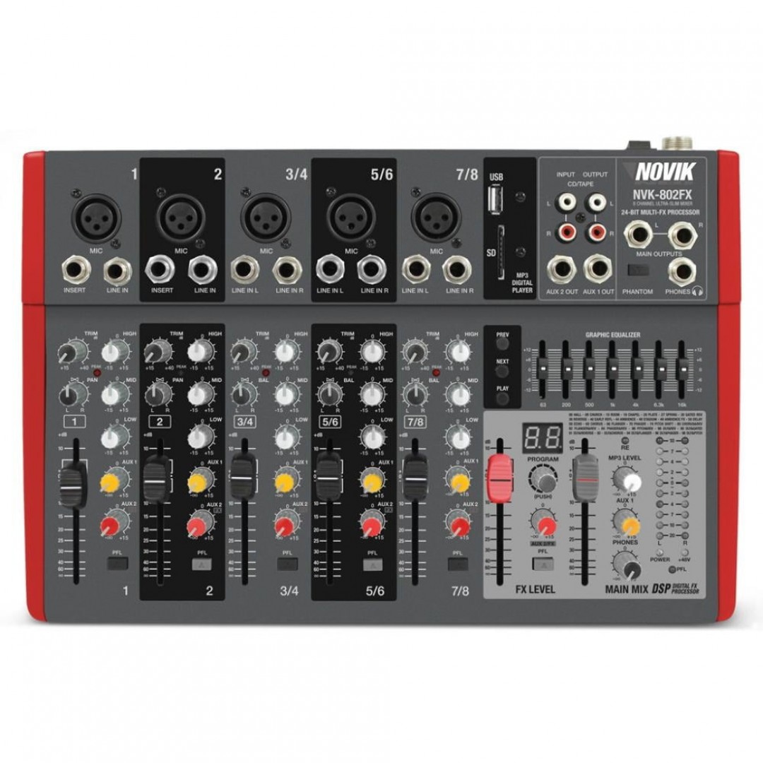 novik-nvk-802fx-bt-consola-mezcladora--8-canales--5-xlr--bluetooth--3-canales-estereo--faders-60mm--pfl--99-efectos-24bits--eq-grafico-7-bandas--mp3--phantom-power-3601