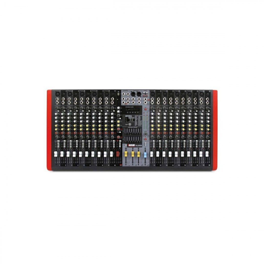 novik-nvk-20m-usb-bt-consola-mezcladora--20-canales--20-xlr--bluetooth--2-aux--fx--subgrupo---faders-60mm--pfl--99-efectos-24bits--doble-eq-grafico-7-bandas--mp3--phantom-power-3602